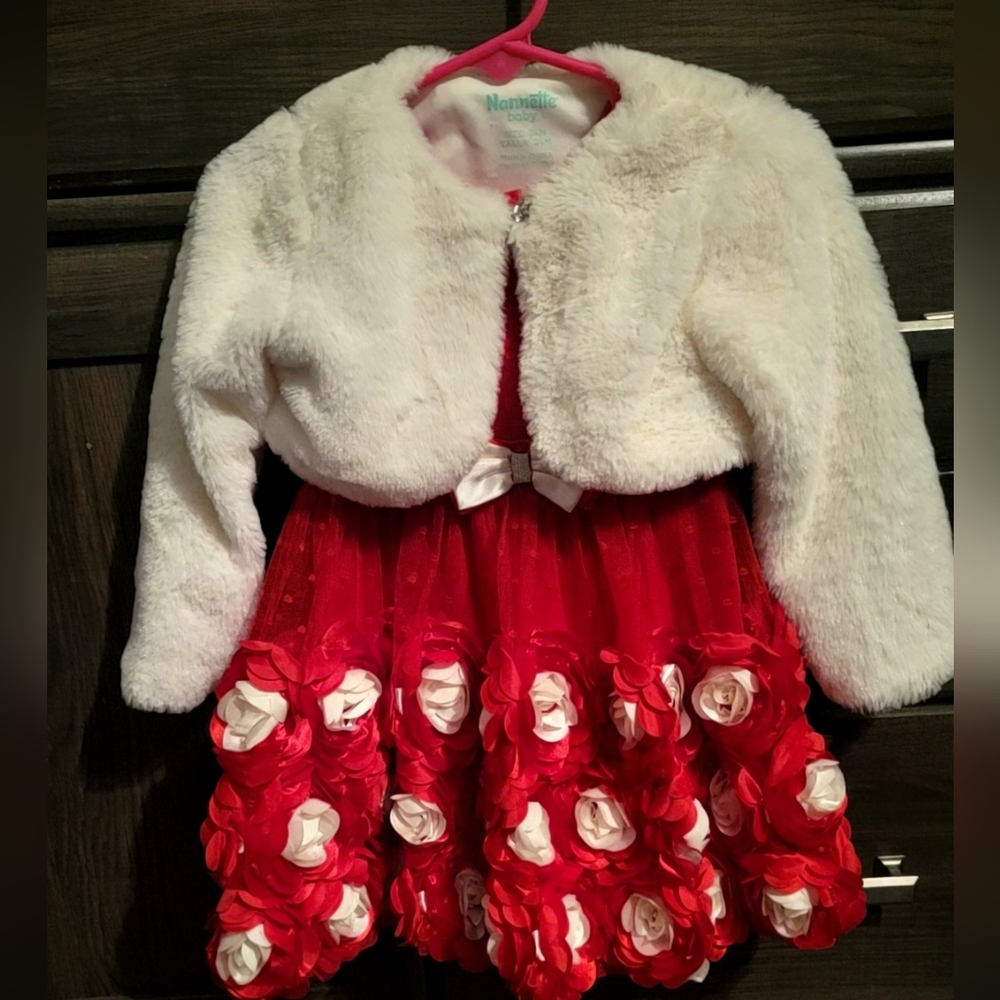 Nanette Baby Holiday Party Dress Toddler 18M Red Rosette & White Fur Shrug